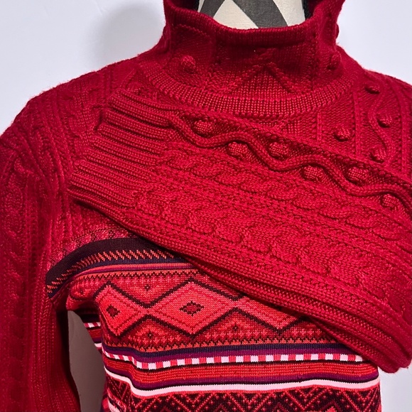Vintage Women Merino Wool Red Cable Knit Nordic Print Fitted Sweater Designer - Picture 3 of 10